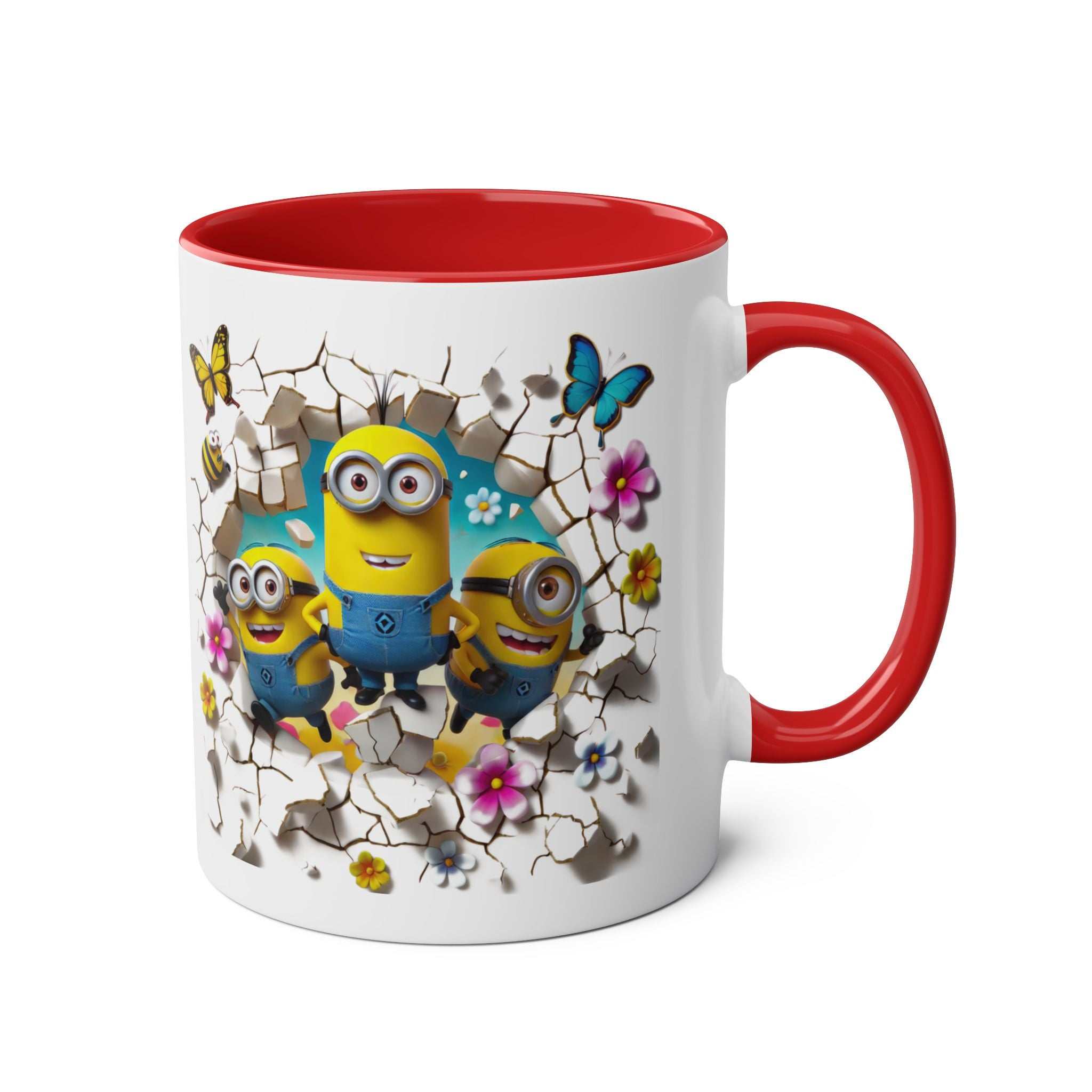 Fun Minion themed coffee mug with colorful design, red handle, 11oz ceramic, perfect for fans.