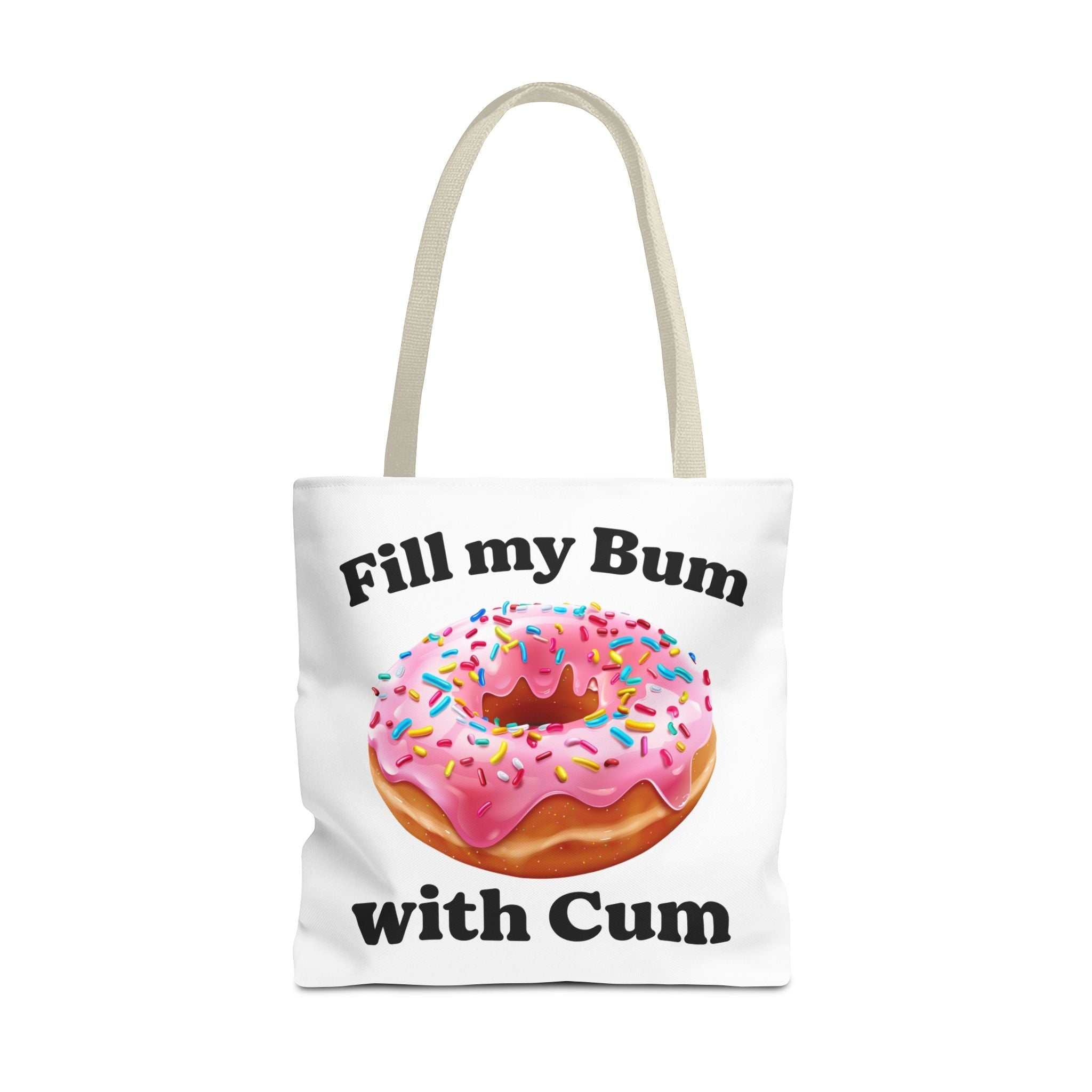 Provocative Donut Tote Bag with cheeky design, durable spun polyester, three sizes, and colorful handles for fun everyday use