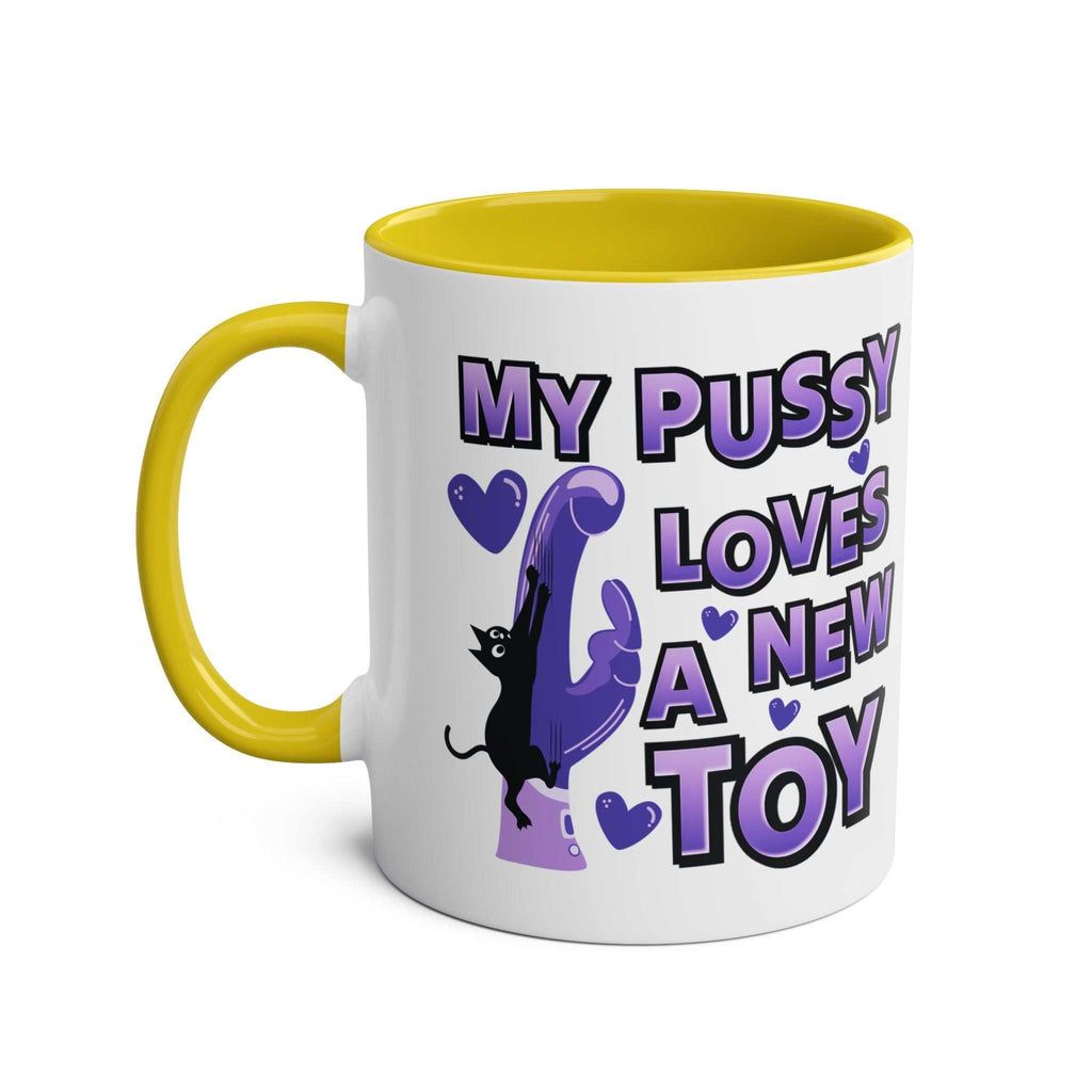 Cheeky Fun Coffee Mug with yellow handle and interior, humorous purple text and cat graphic design
