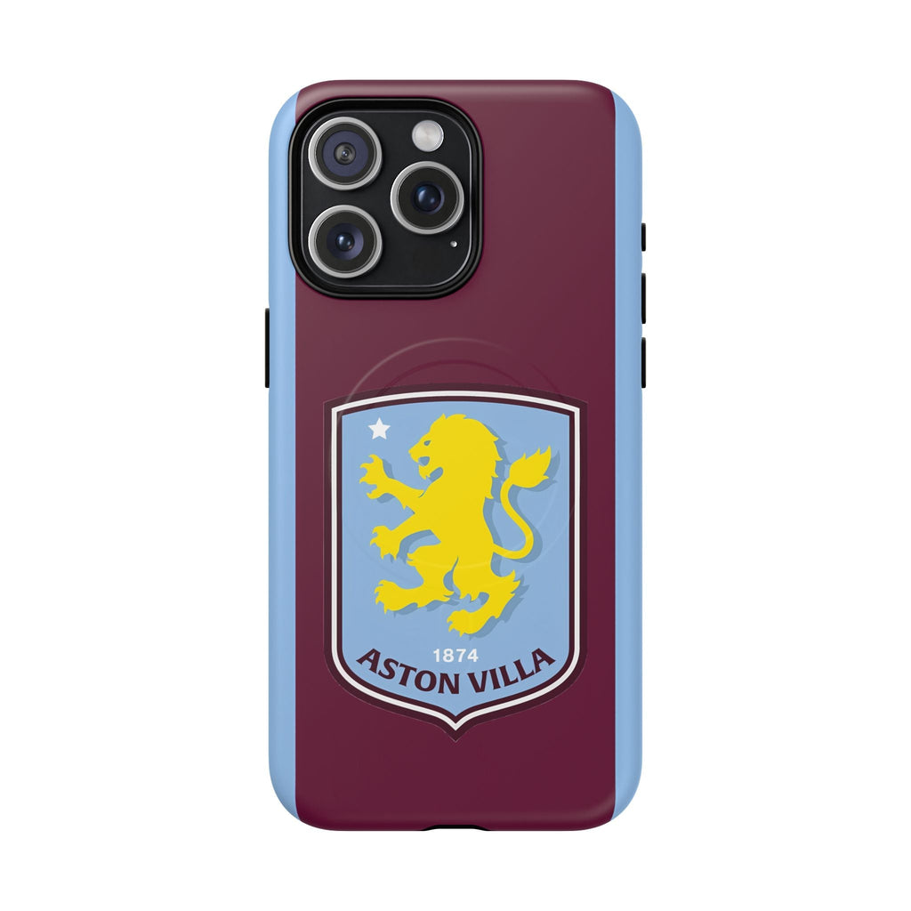 Aston Villa Magsafe iPhone case with claret and blue colors and club crest, dual-layer protection, MagSafe compatible.