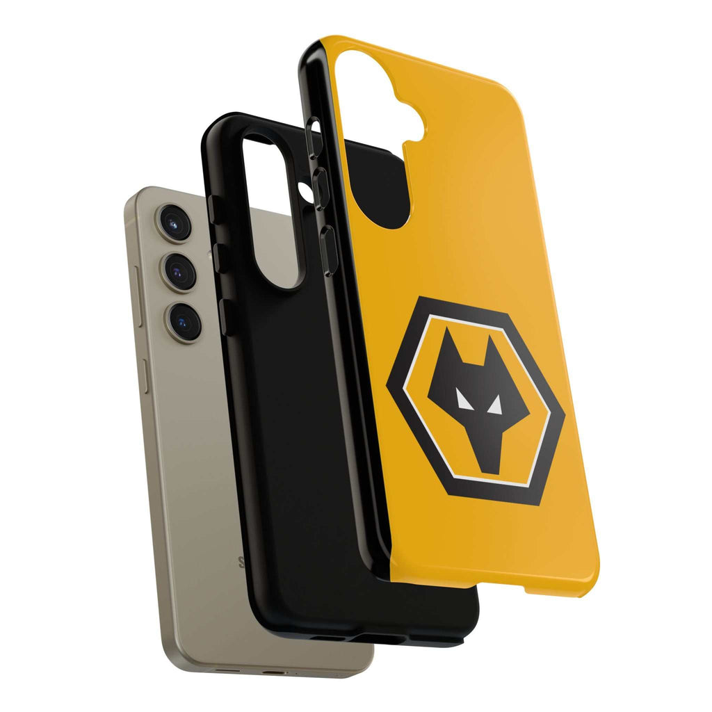 Wolves FC Magnetic Samsung Case with gold and black colors, dual-layer protection, and wireless charging compatibility