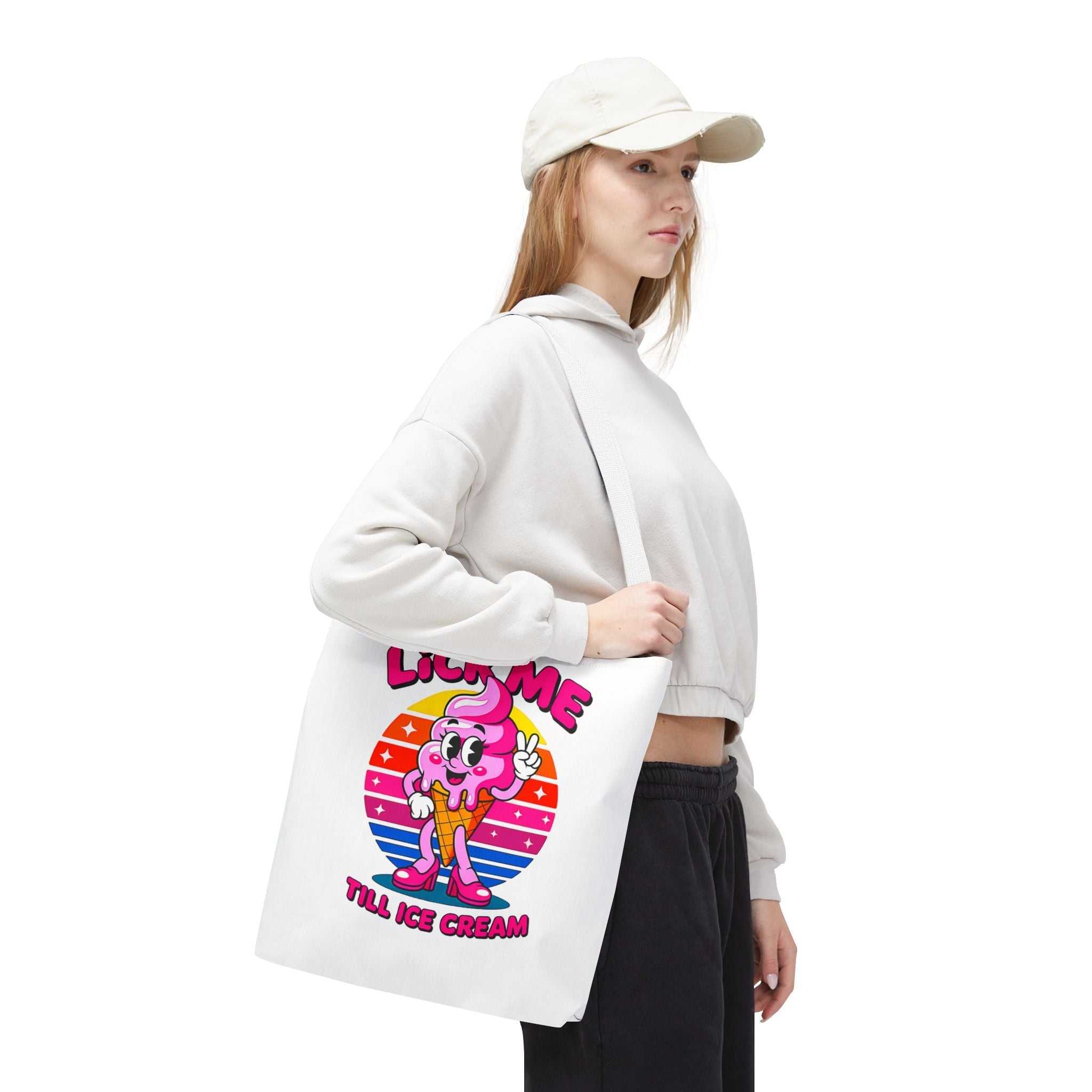 Cheeky Lick Me Till Ice Cream Tote Bag in three sizes with colorful handles, durable spun polyester, and playful design