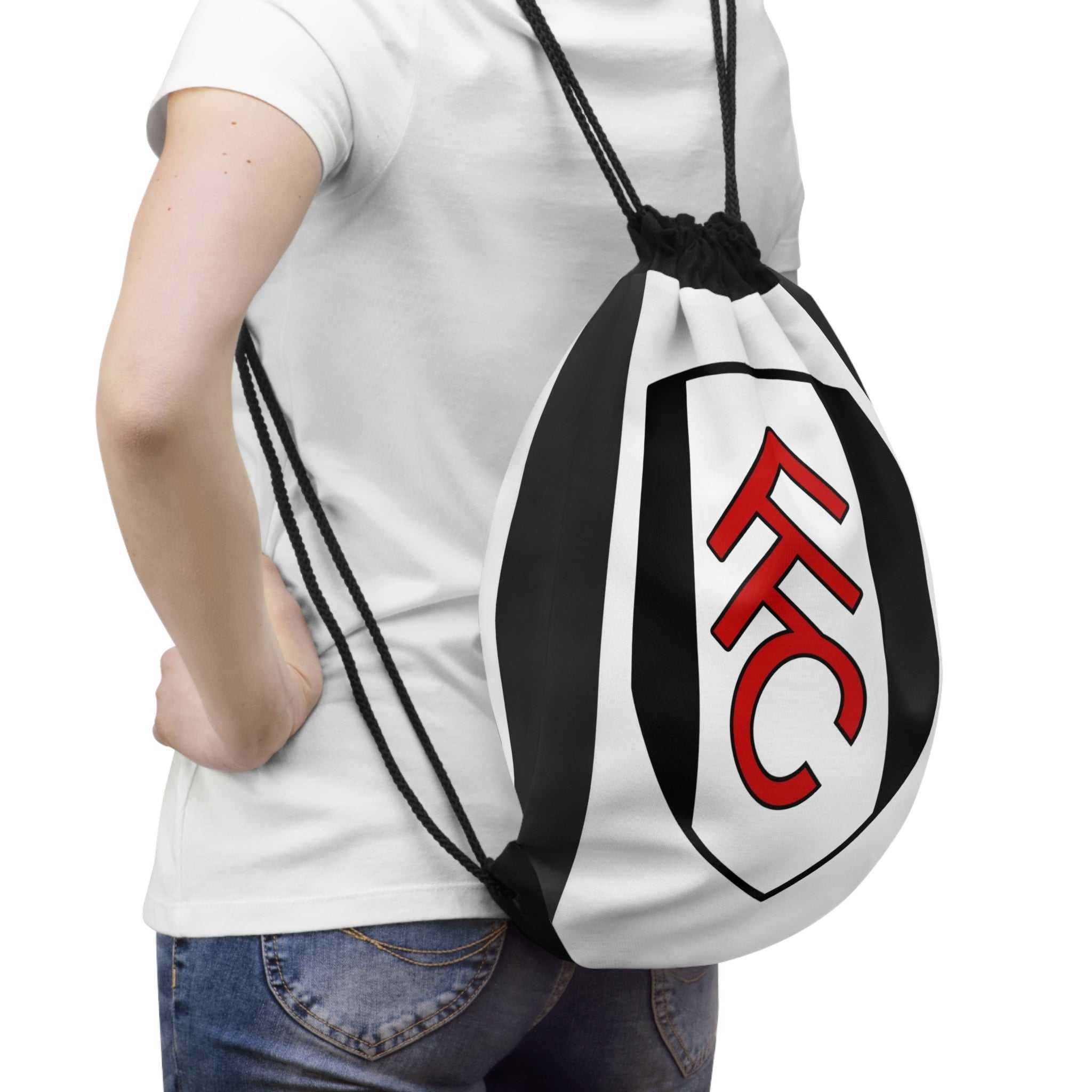 Fulham FC drawstring bag with black and white colors and crest, lightweight polyester gym and casual backpack