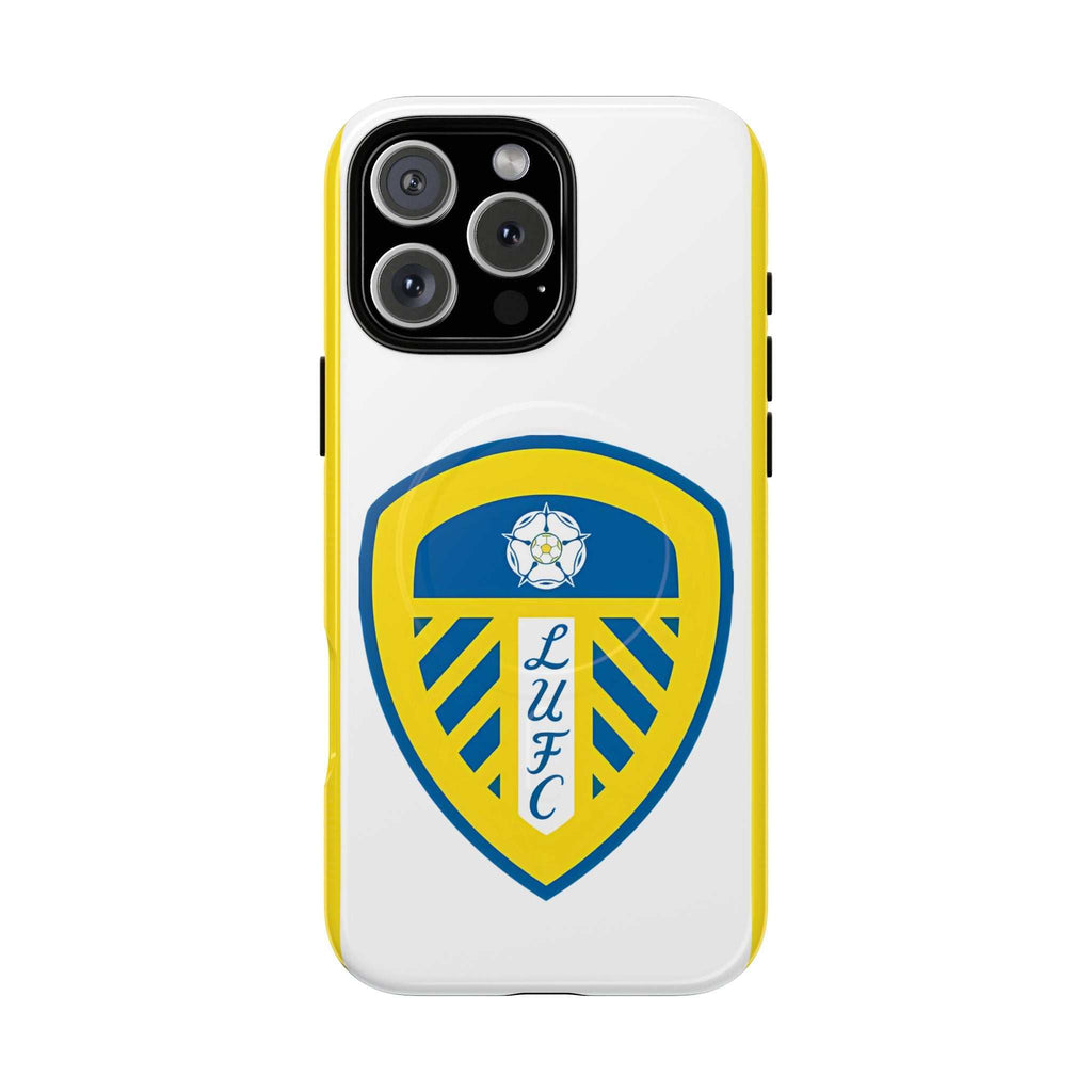 Leeds Utd MagSafe iPhone case with white design and official-inspired crest, dual-layer protection, and MagSafe compatibility