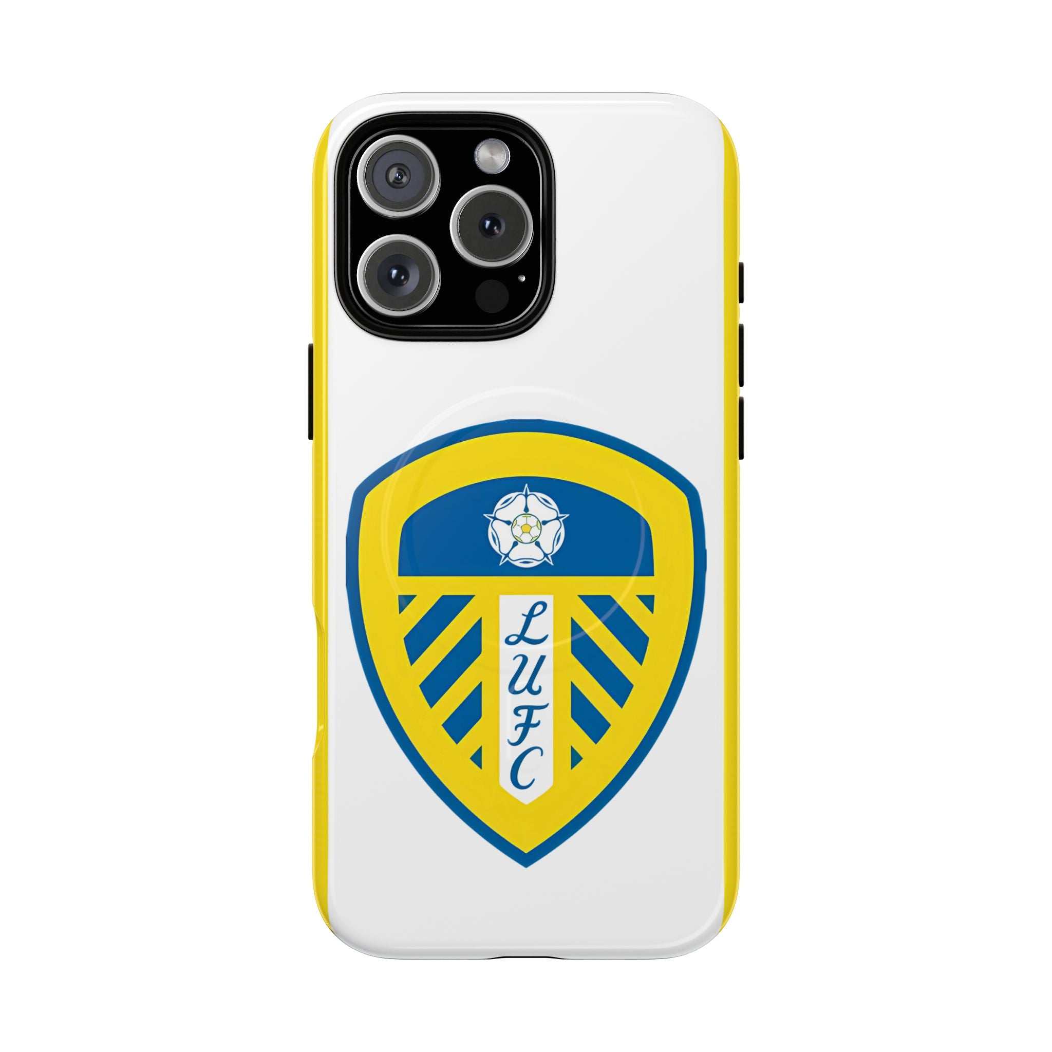 Leeds Utd MagSafe iPhone case with white design and official-inspired crest, dual-layer protection, and MagSafe compatibility