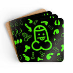 Green Willies Coaster Set with humorous designs, high-gloss MDF top, and cork back, 4-piece.