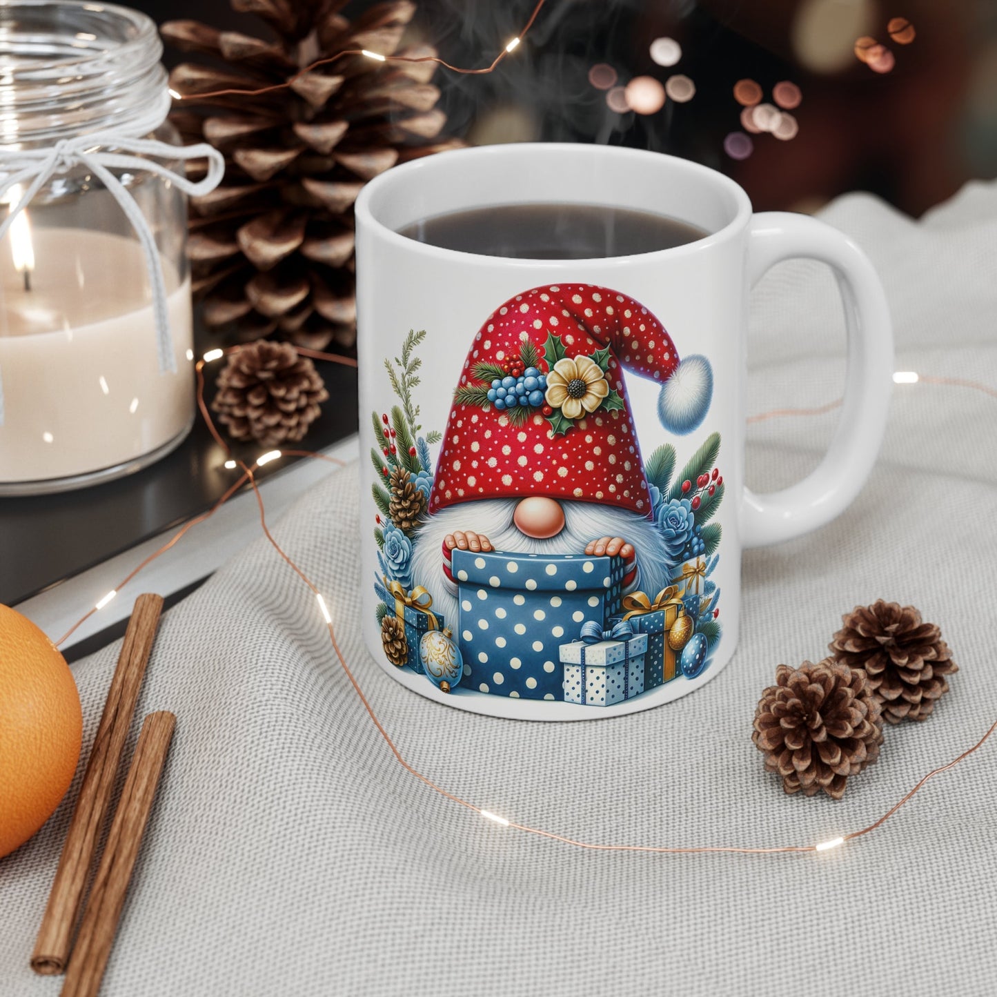 Christmas Gnome Mug with festive design, glossy finish, and microwave-safe.