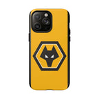 Wolves FC MagSafe iPhone case in gold and black with wolf logo, dual-layer protection, and MagSafe compatibility