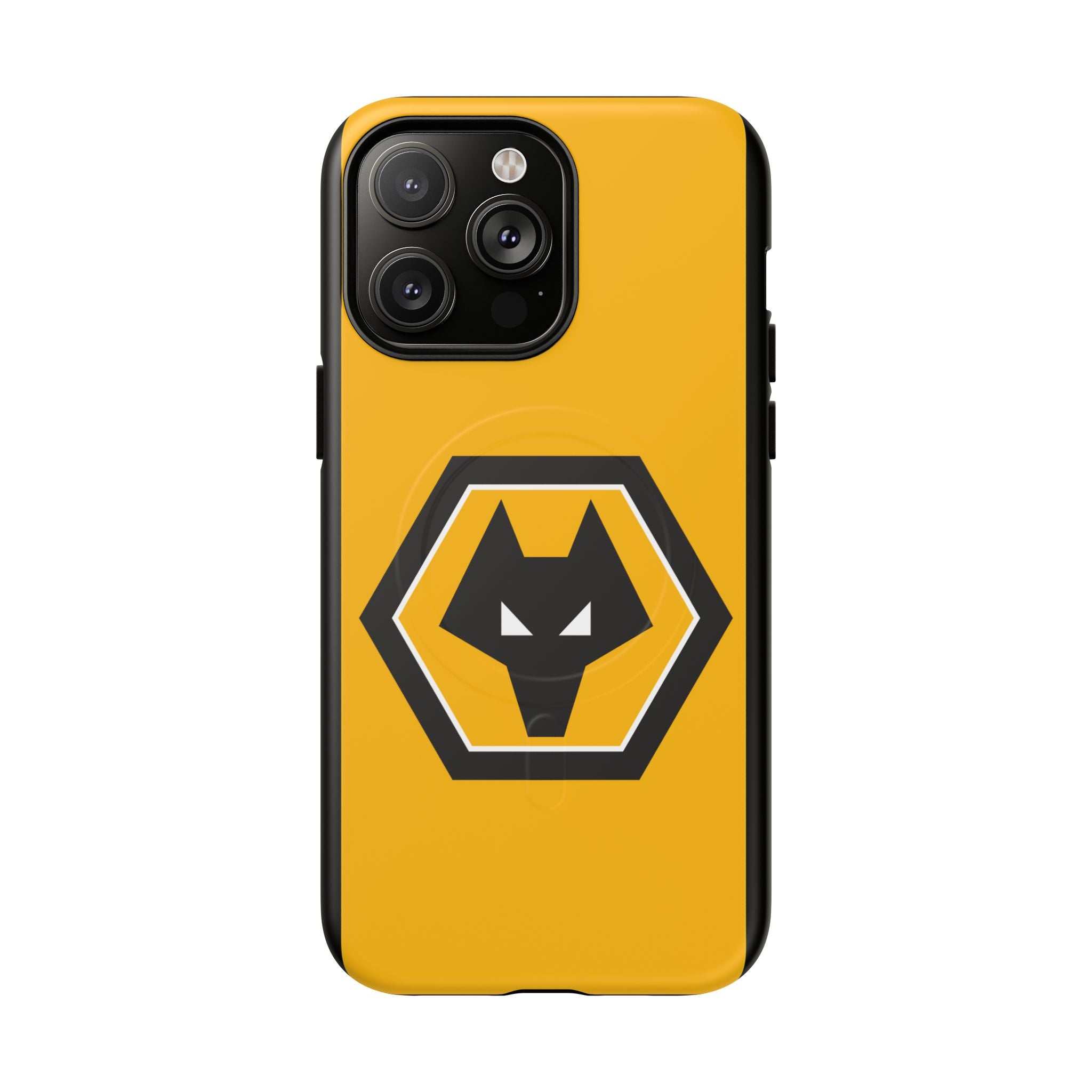 Wolves FC MagSafe iPhone case in gold and black with wolf logo, dual-layer protection, and MagSafe compatibility