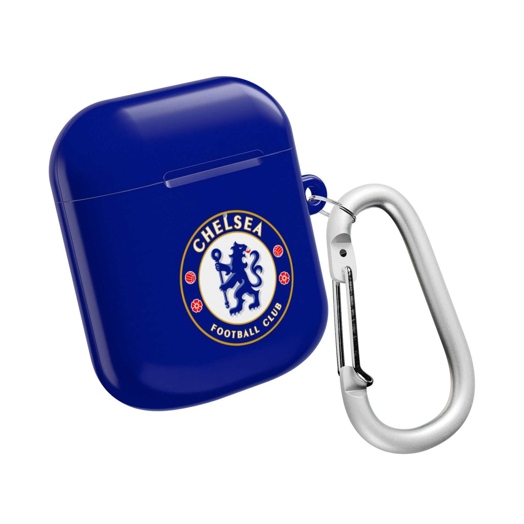Chelsea FC AirPods hard protective case with royal blue color and club crest, compatible with AirPods and AirPods Pro, includes carabiner clip.