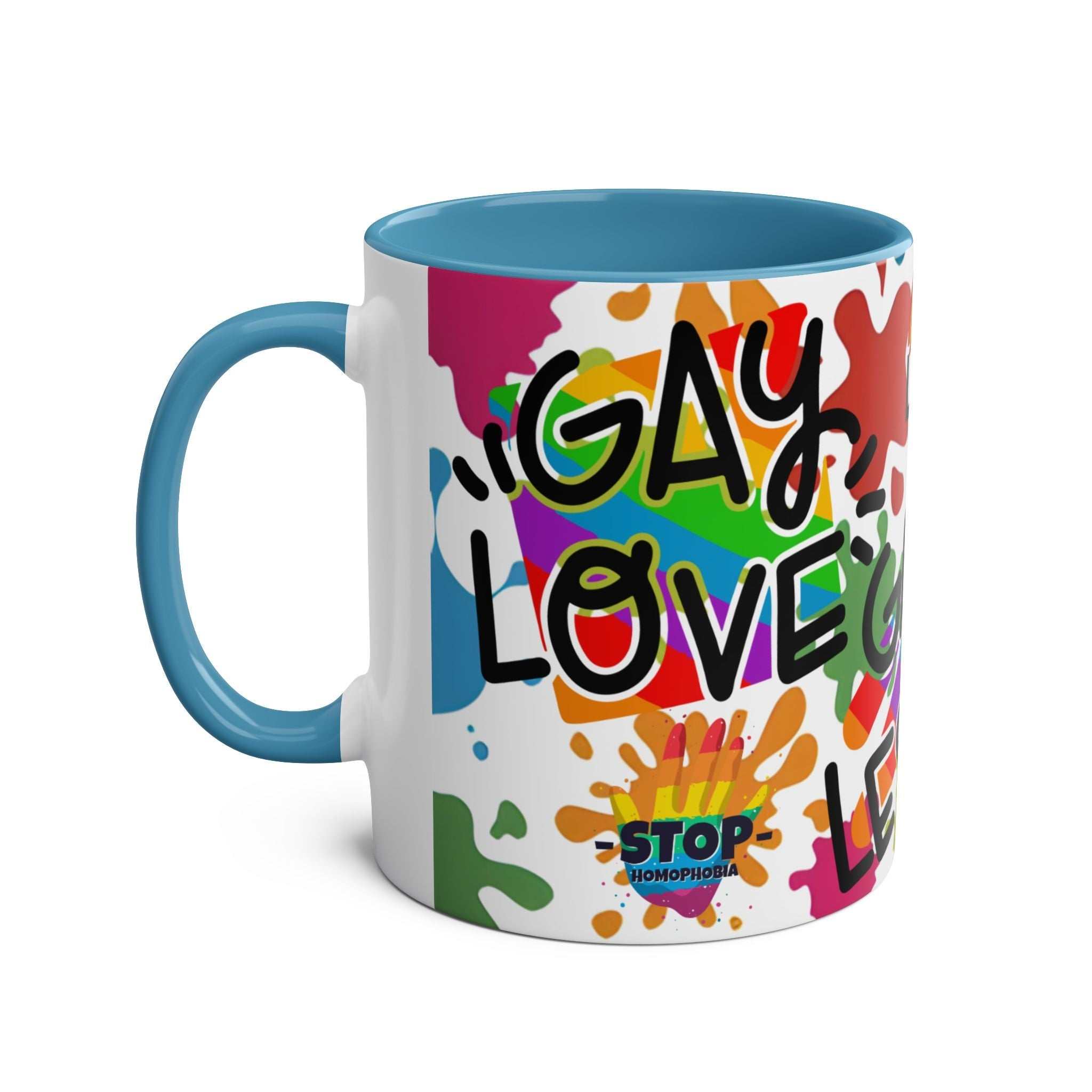 LGBTQ+ Pride Mug with rainbow design and "Gay Love" text, ceramic, glossy finish.