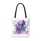 Squirter Squid Tote Bag with cheeky design, durable spun polyester, multiple sizes and handle colors, perfect for daily use