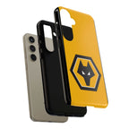 Wolves FC magnetic Samsung case in gold and black with shock-absorbing dual layers and wireless charging compatibility