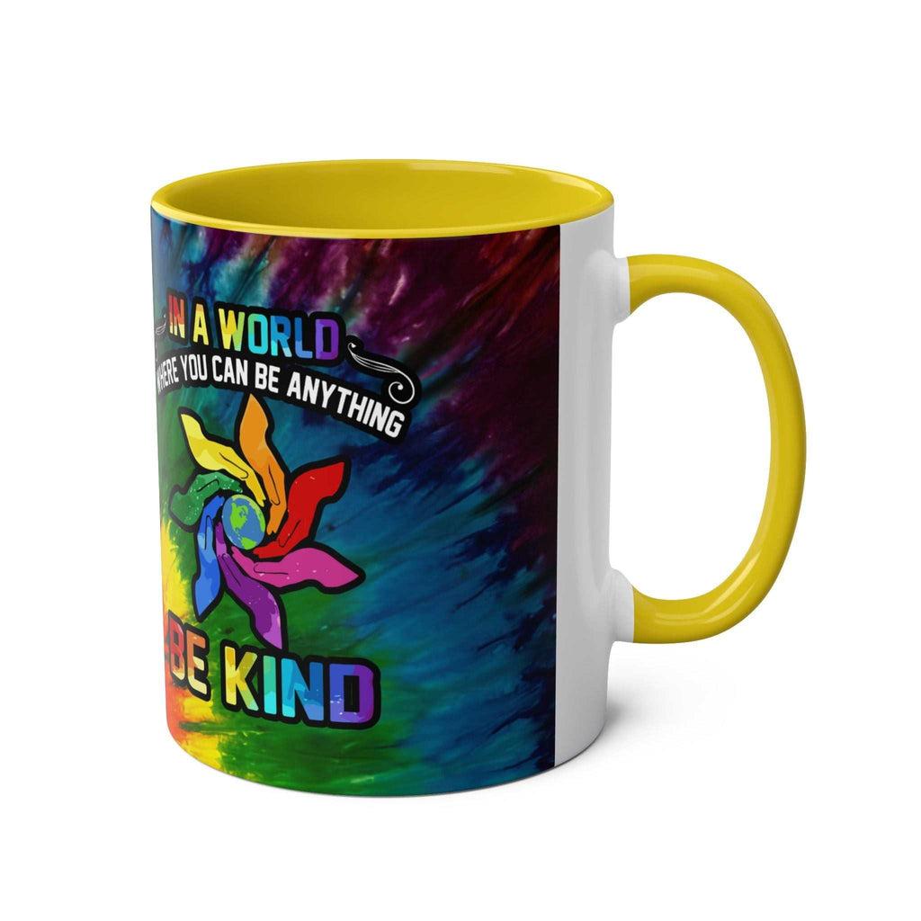 LGBTQ+ Pride mug with vibrant rainbow design and inspiring message, 11oz ceramic, glossy finish.