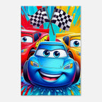 Cars Wall Canvas with vibrant colors, featuring animated race cars and checkered flags, ideal for car enthusiasts.