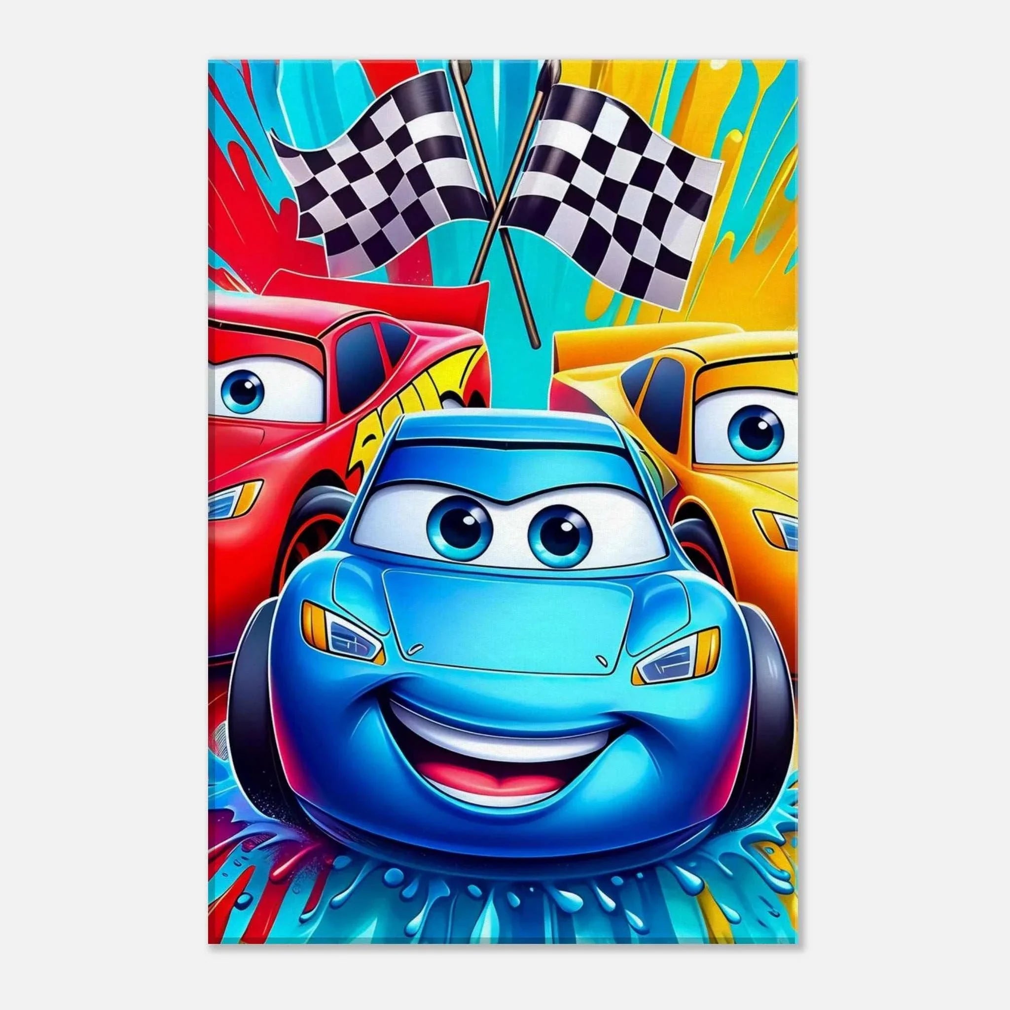 Cars Wall Canvas with vibrant colors, featuring animated race cars and checkered flags, ideal for car enthusiasts.