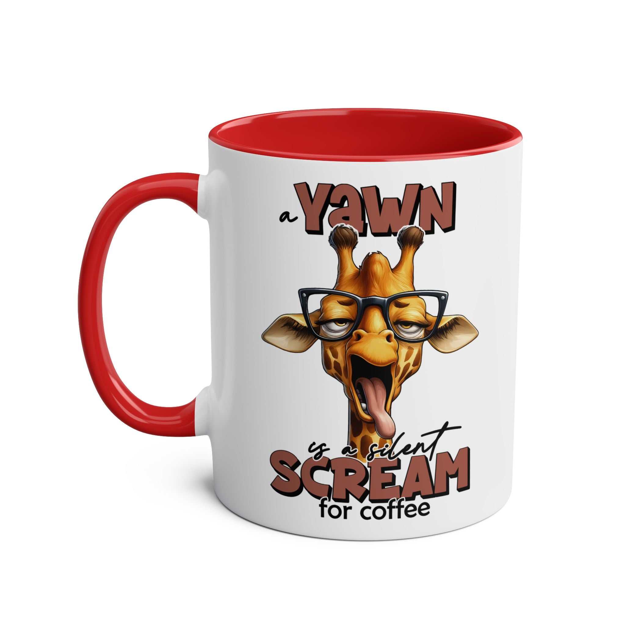 Quirky giraffe design Yawn Coffee Mug with red handle, featuring "A yawn is a silent scream for coffee" slogan.