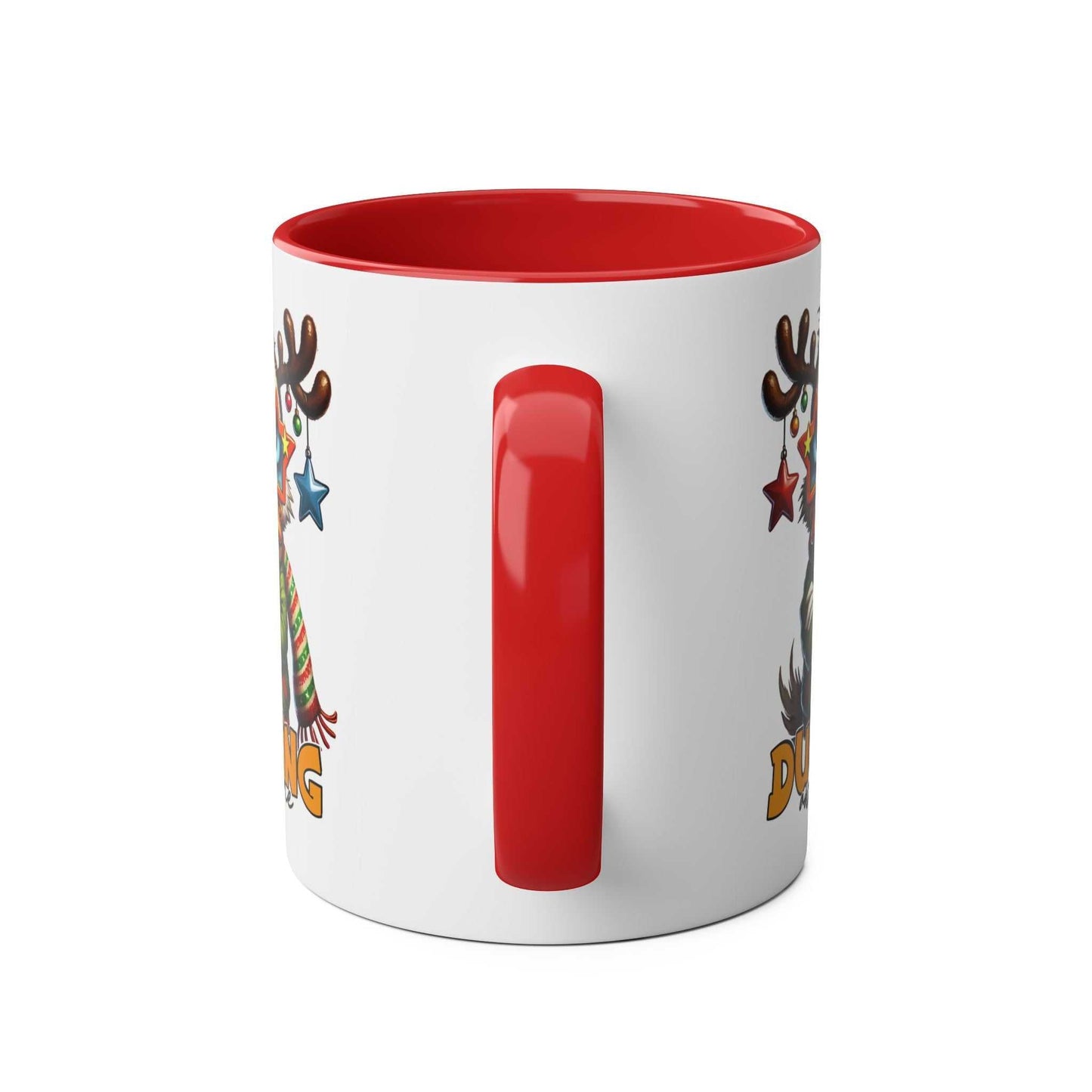 Sarky Christmas Mug with duck design, glossy finish, red handle, 11oz ceramic, microwave and dishwasher safe.