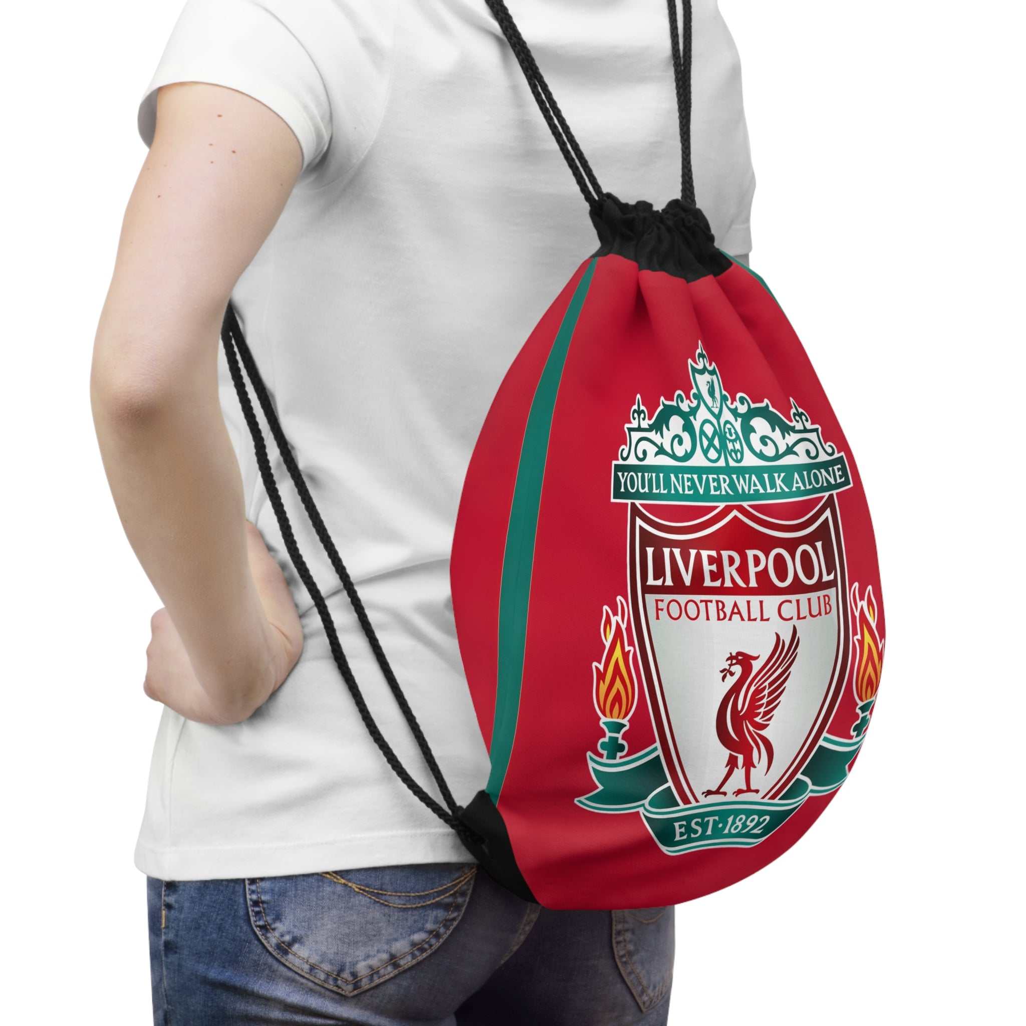 Liverpool FC drawstring bag in red with club crest, lightweight polyester, sturdy closure, spacious and portable for gym, travel, or school.