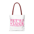 Pink heart tote bag with cheeky fun design and colorful handles