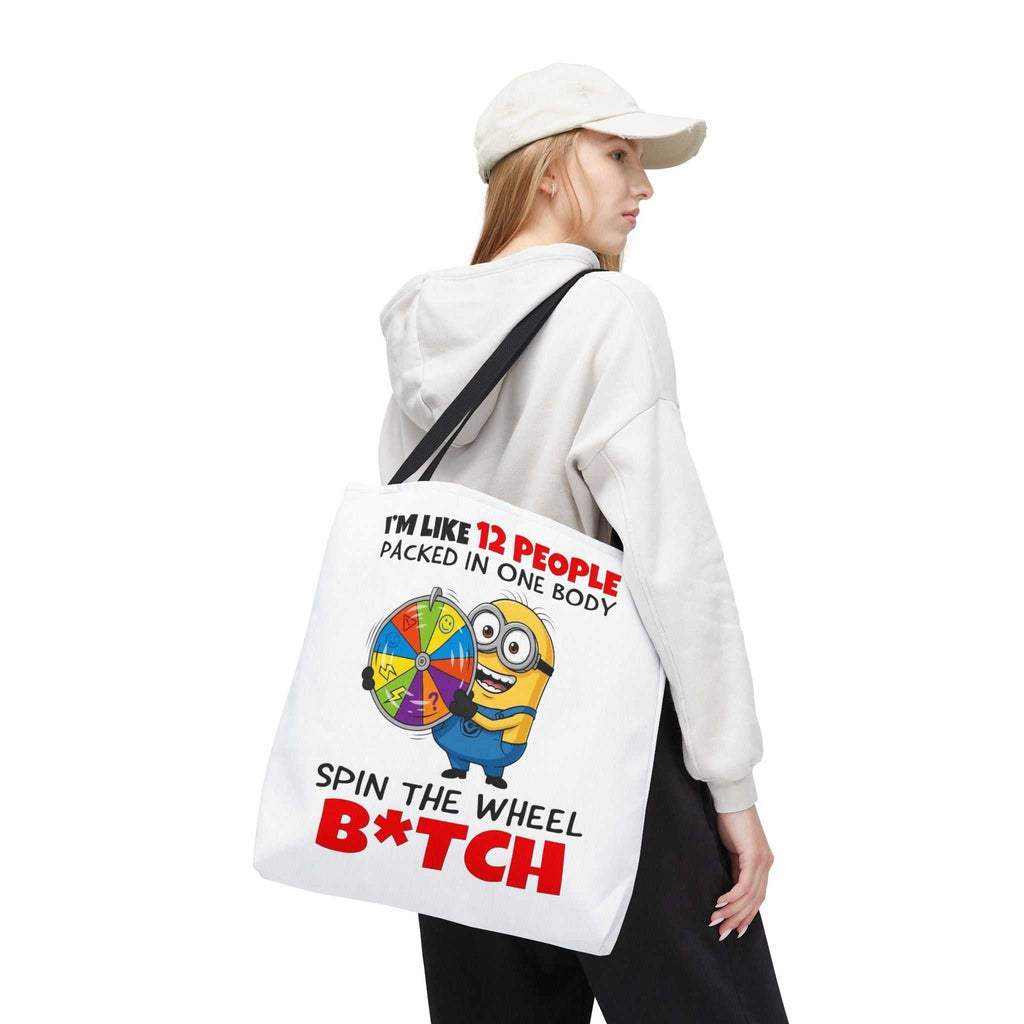 Funny Minion tote bag with cheeky design and colorful handles, durable polyester fabric, and multiple sizes