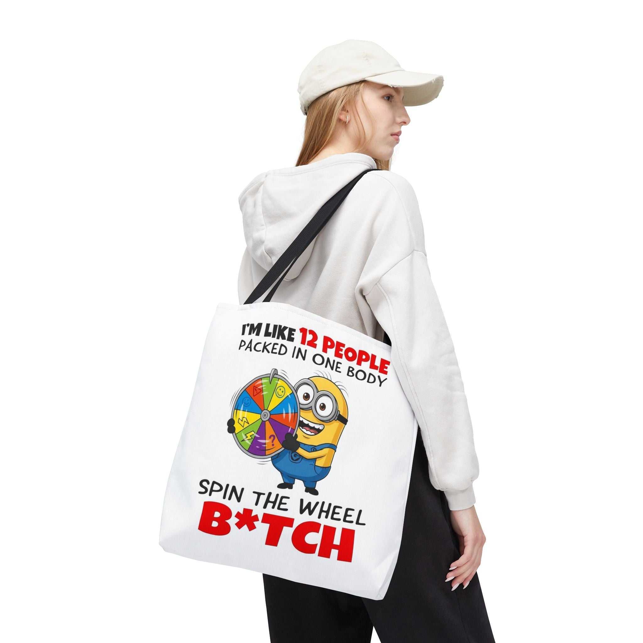 Funny Minion tote bag with cheeky design and colorful handles, durable polyester fabric, and multiple sizes