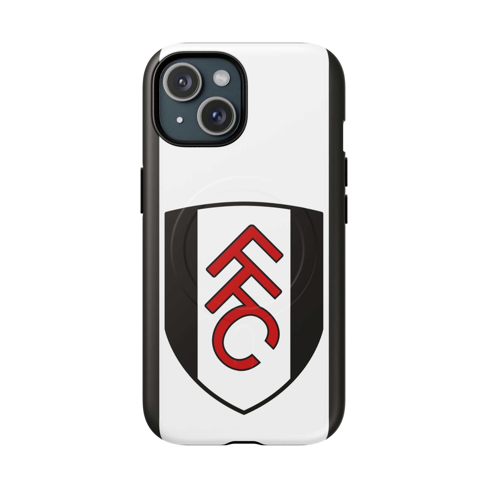 Fulham FC MagSafe iPhone case with white and black colors and official-inspired crest, dual-layer shock-absorbing protection, and MagSafe compatibility