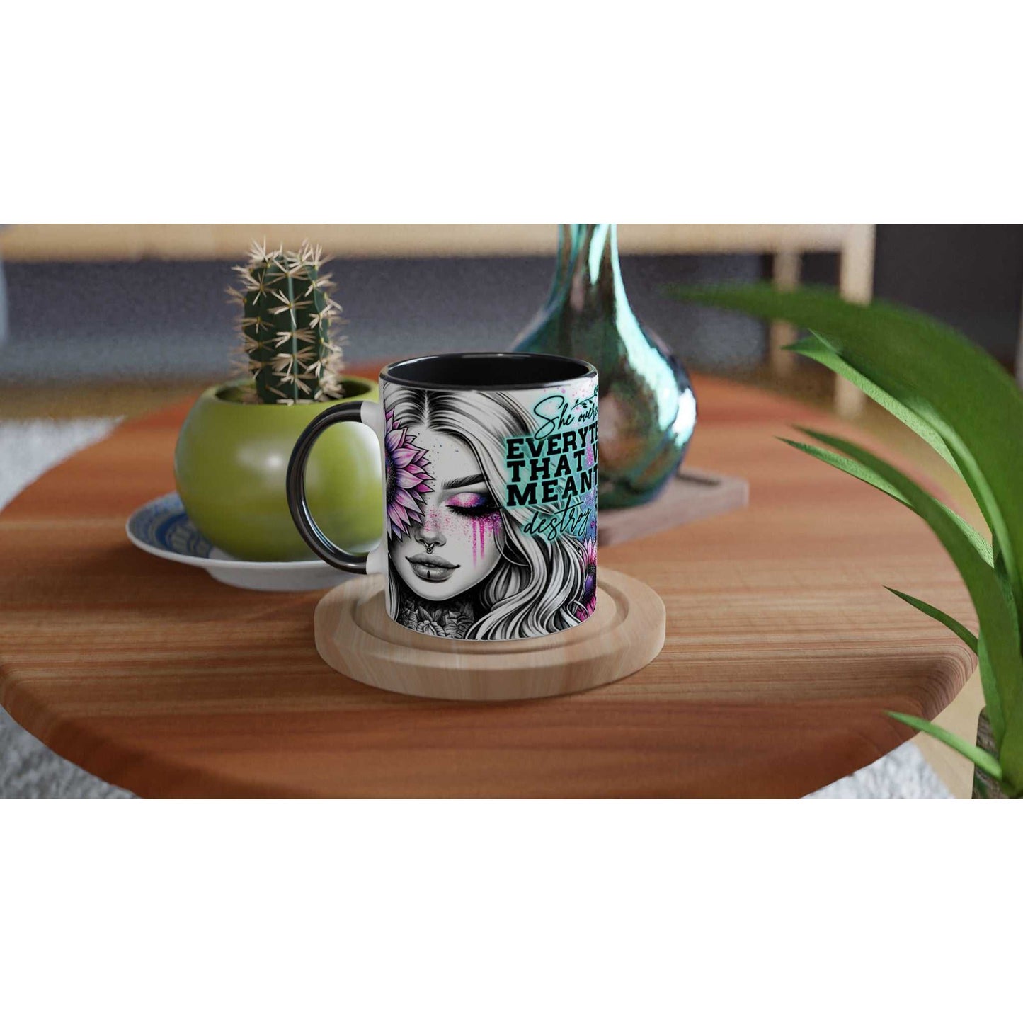 Motivational coffee mug with 'She Overcame Everything' design, glossy ceramic finish, black handle and interior, on a wooden table.