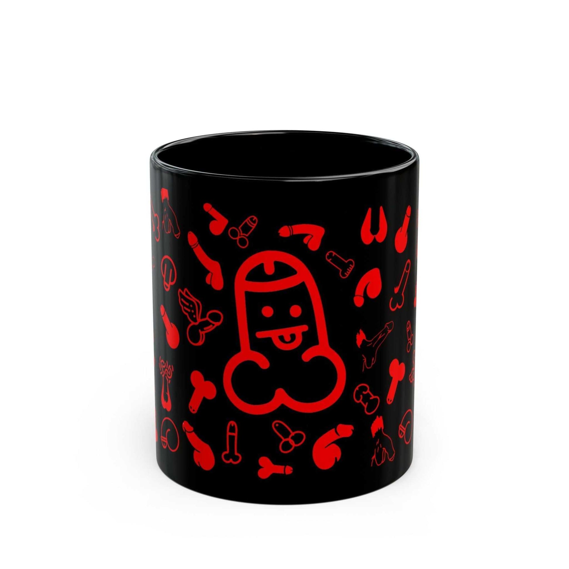 Black ceramic mug with playful red willie print, available in 11oz and 15oz sizes, dishwasher and microwave safe.