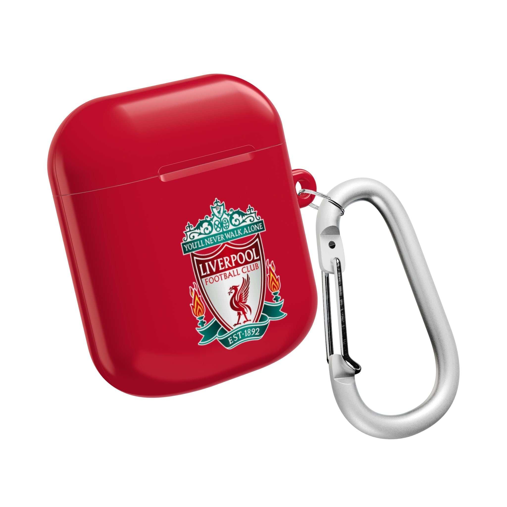 Red Liverpool FC AirPods protective hard case with club crest and silver carabiner clip