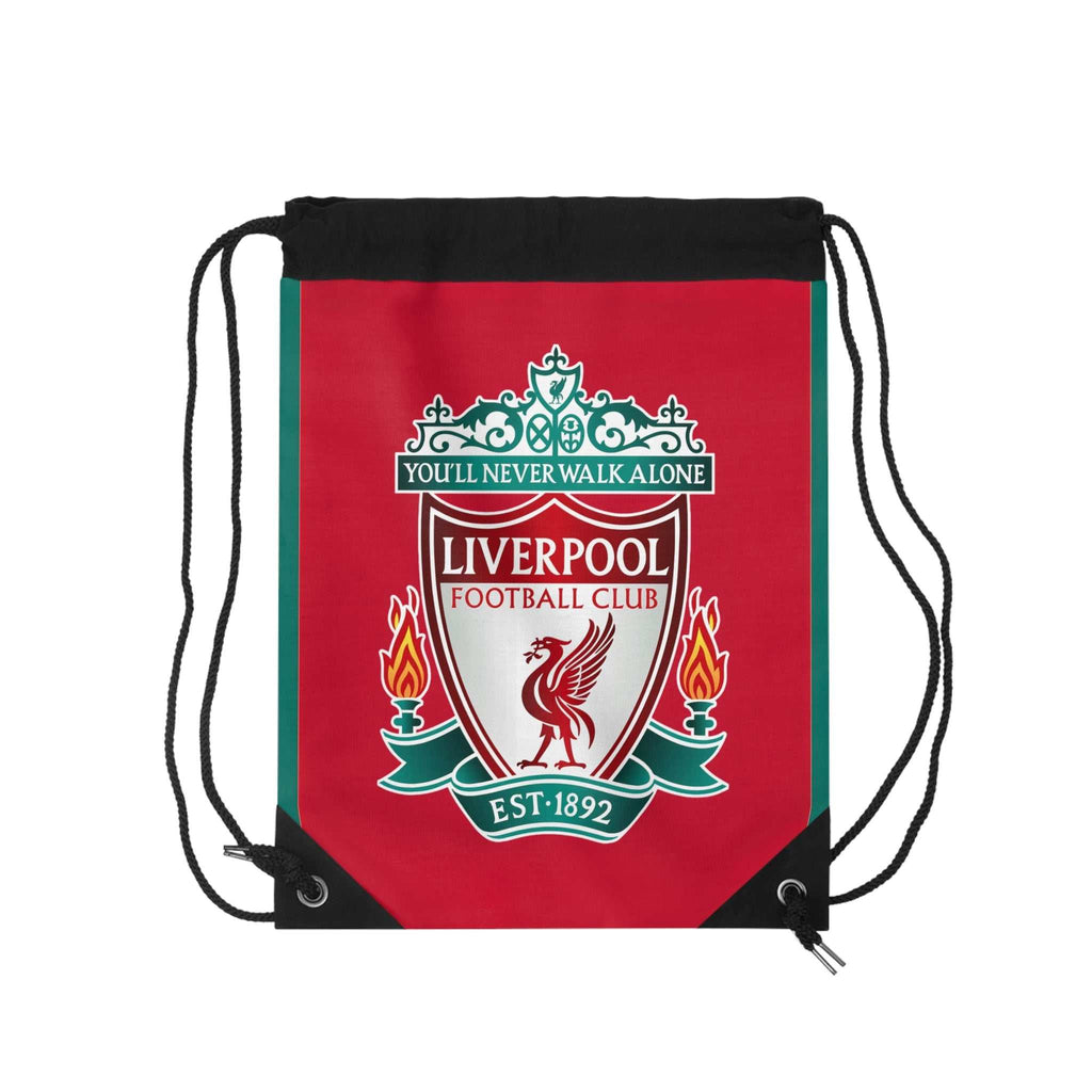 Liverpool FC drawstring bag in red with club crest and black drawstring closure, lightweight polyester for sports and everyday use
