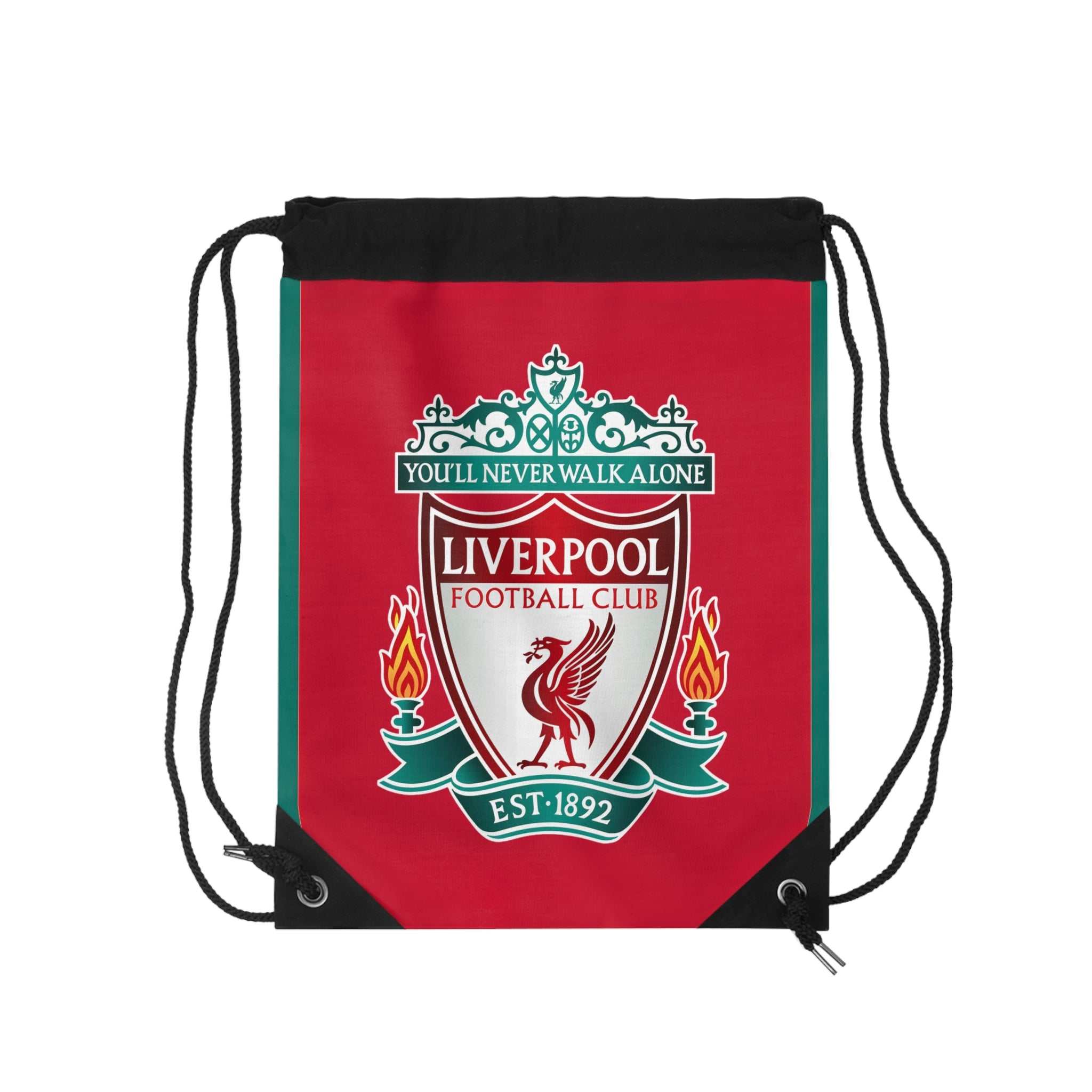 Liverpool FC drawstring bag in red with club crest and black drawstring closure, lightweight polyester for sports and everyday use