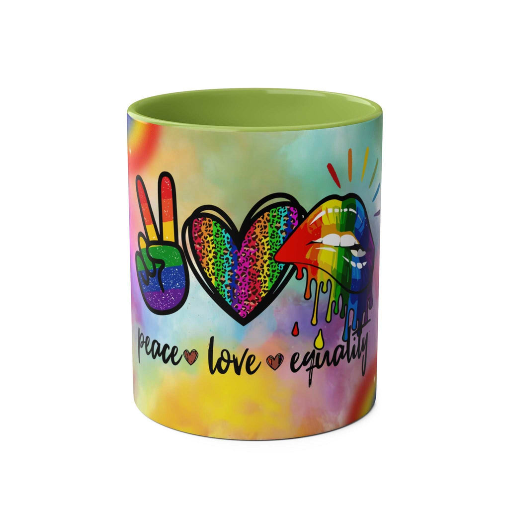 LGBTQ+ Pride Mug with vibrant rainbow design, peace love equality message, colorful ceramic finish.