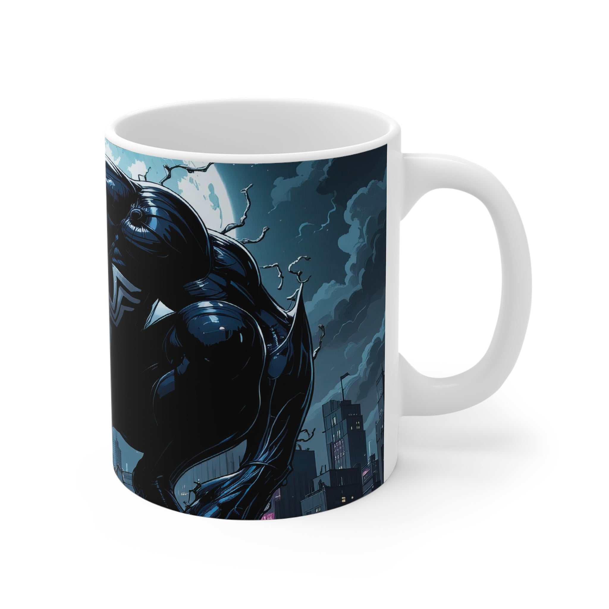 Venom themed superhero ceramic coffee mug with glossy finish and city skyline design