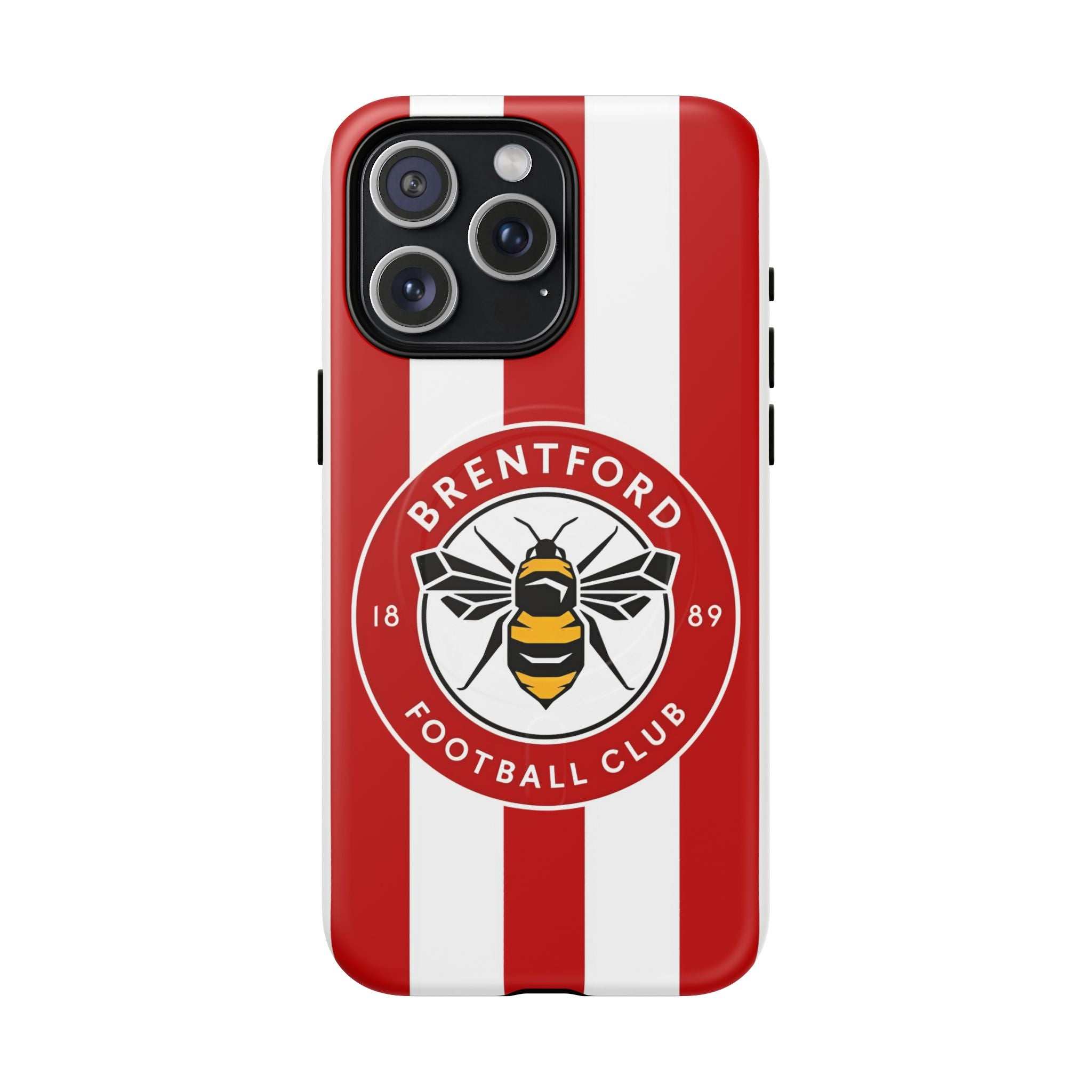 Brentford FC MagSafe iPhone case with red and white stripes and club crest, dual-layer protective design