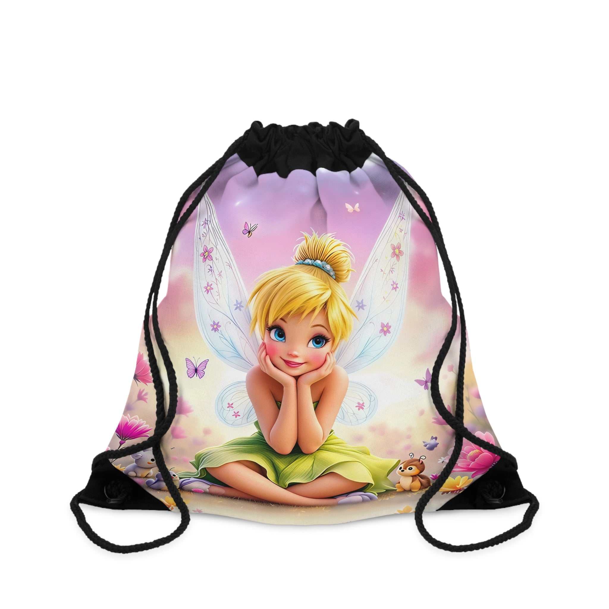 Tinkerbell drawstring bag with magical fairy design, durable polyester, lightweight and spacious for kids and Disney fans.
