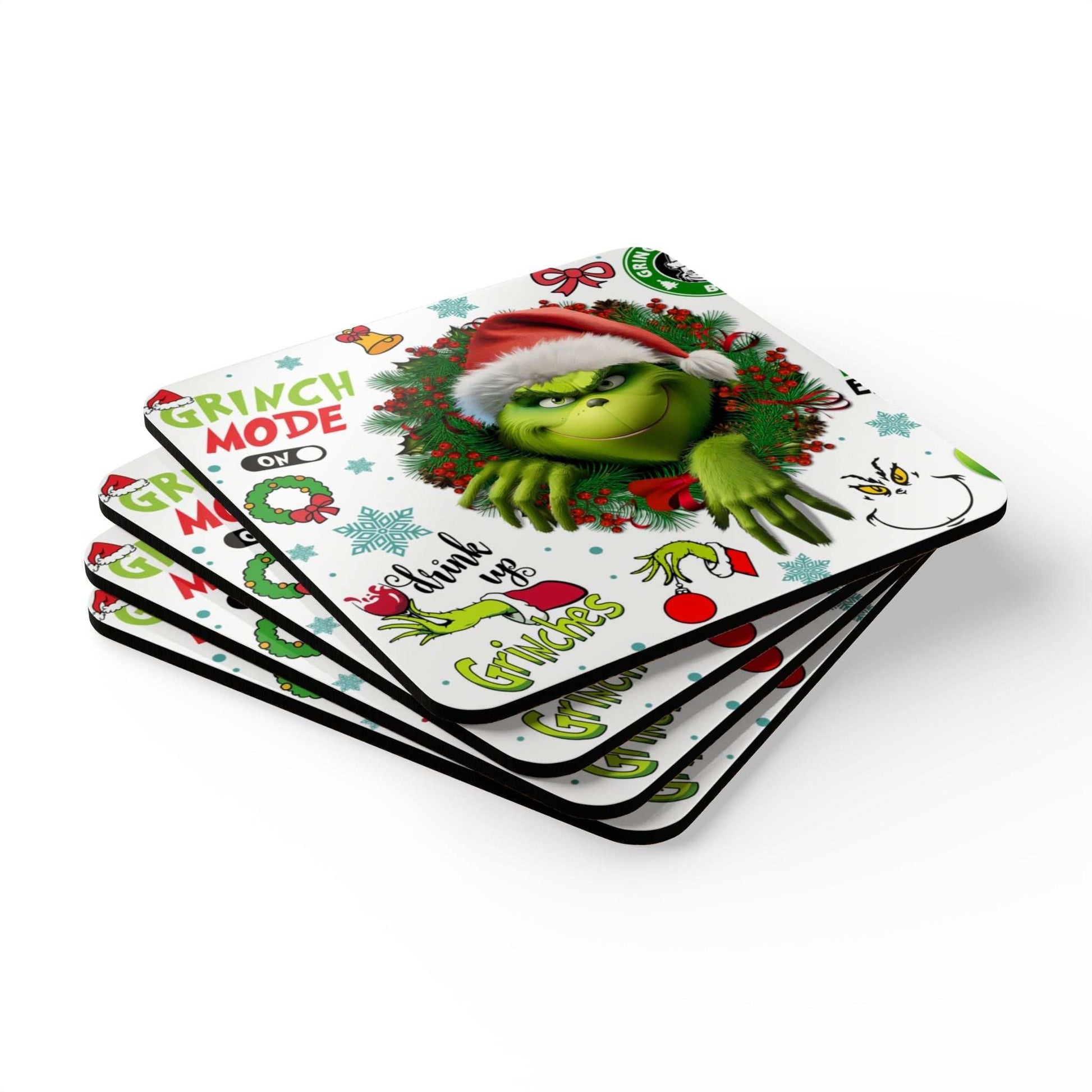 Grinch Coaster Set featuring iconic grumpy Grinch design, 4-piece, high-gloss MDF with cork back, perfect for holiday decor.