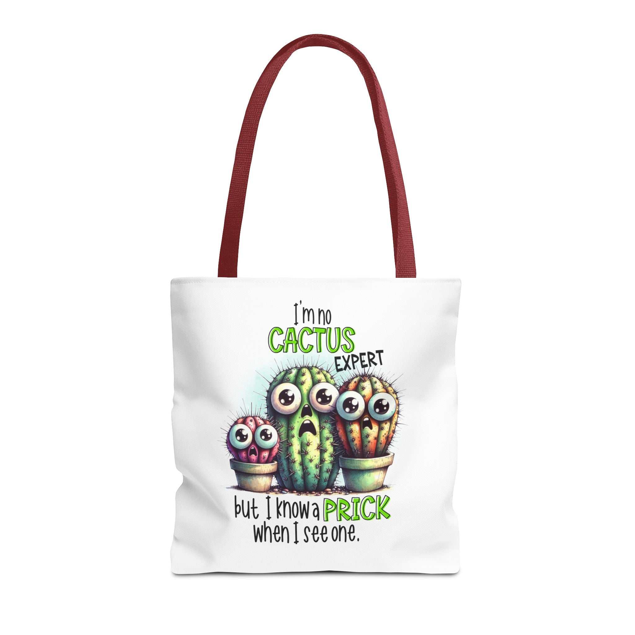 Fun cactus tote bag with cheeky print, durable spun polyester, cotton straps, available in three sizes and five handle colors.
