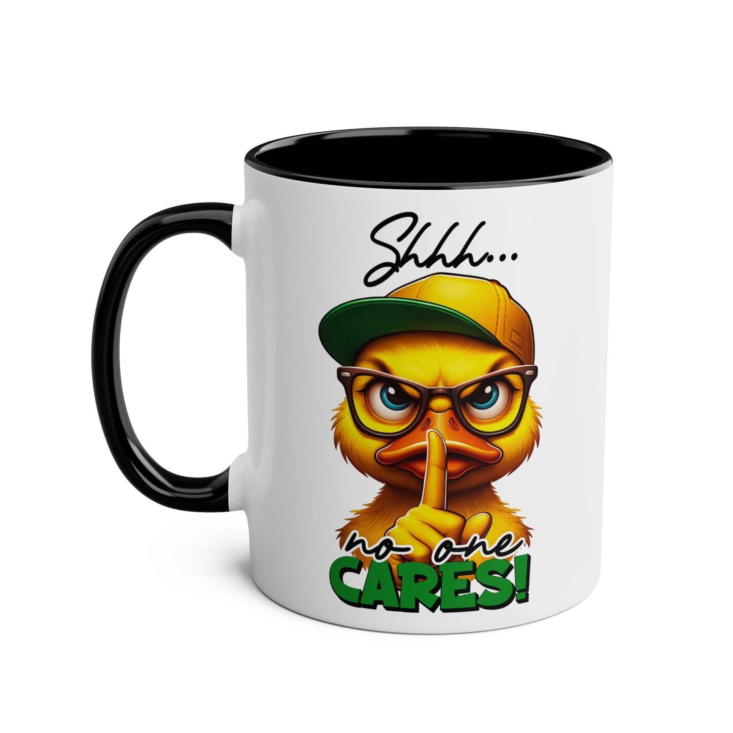 Sarky duck design "No One Cares" coffee mug with "shhh" message, available in 7 colors.