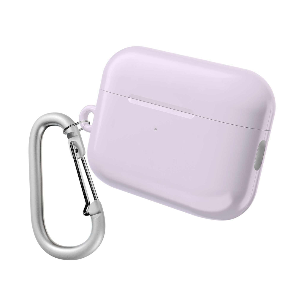 Lavender AirPods protective case with hard shell, lightweight, scratch and bump resistant, wireless charging compatible, includes carabiner clip.