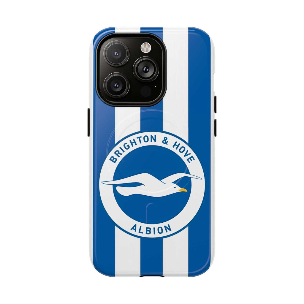 Brighton FC MagSafe iPhone case with blue and white stripes and seagulls crest