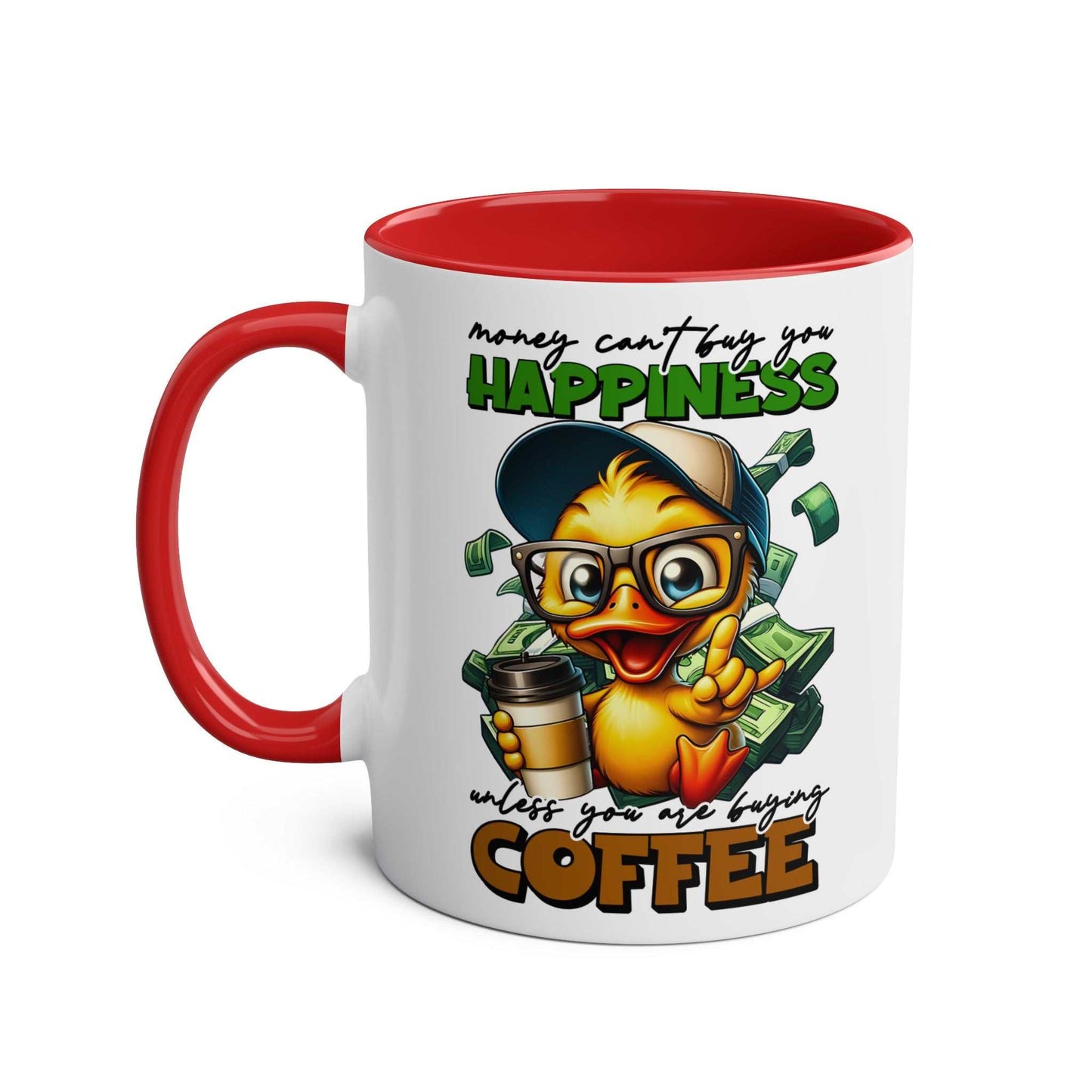 Happiness Coffee Mug with cheerful duck illustration and red handle.