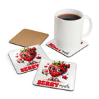 Love You Berry Much Coaster Set with playful strawberry design, cork backing, and cup on top.