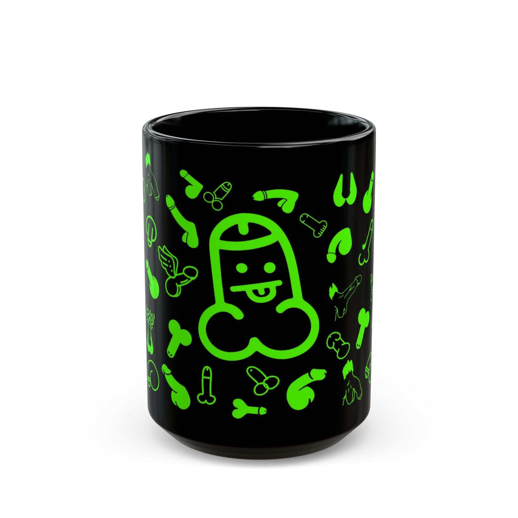 Black ceramic mug with playful green willie prints, glossy finish, dishwasher and microwave safe, available in 11oz and 15oz sizes.