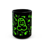 Black ceramic mug with playful green willie prints, glossy finish, dishwasher and microwave safe, available in 11oz and 15oz sizes.