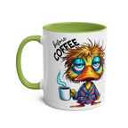 Funny duck coffee mug with green handle, featuring humorous "before coffee" design.