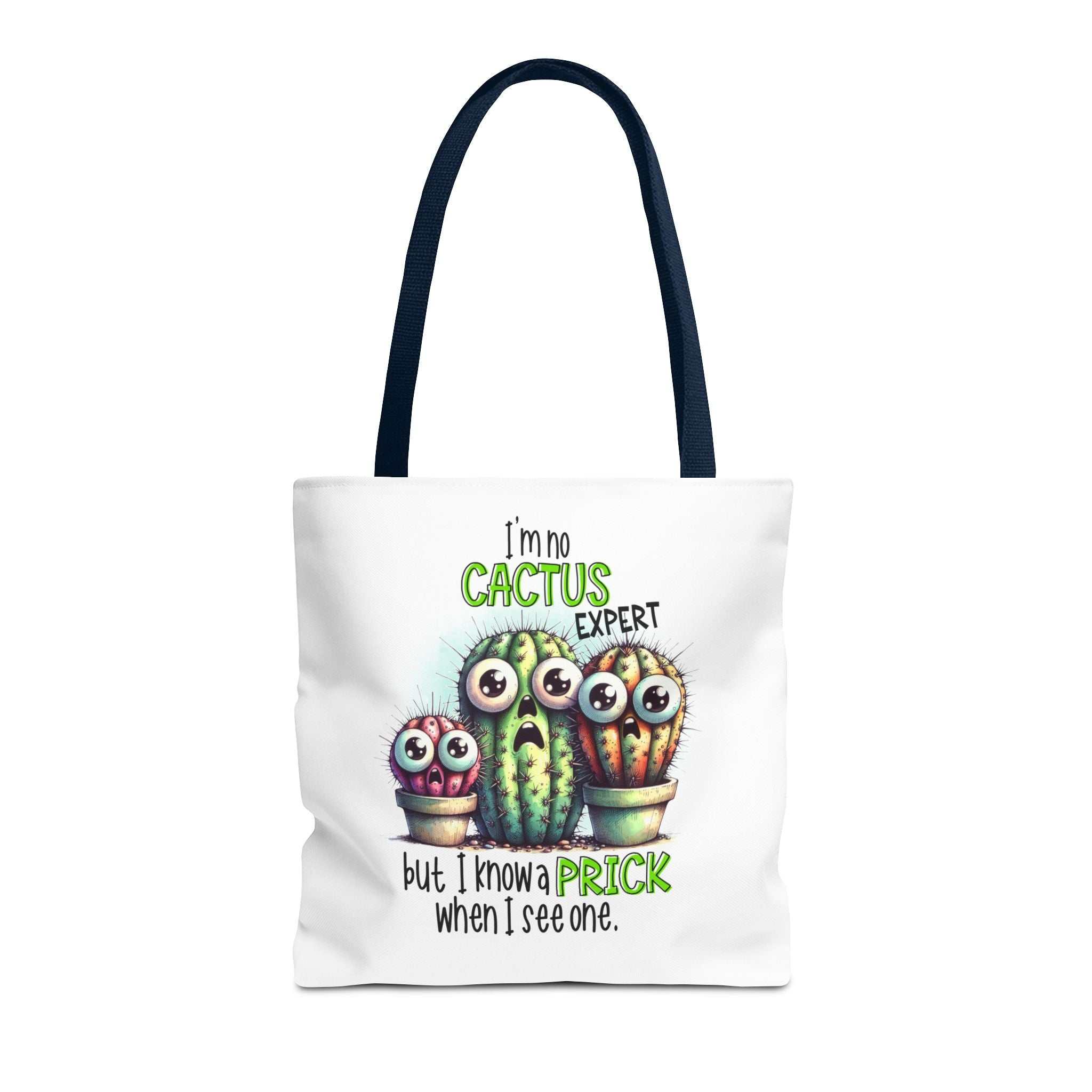 Fun cactus tote bag with cheeky design, multiple sizes, and colorful handles, made of durable spun polyester.