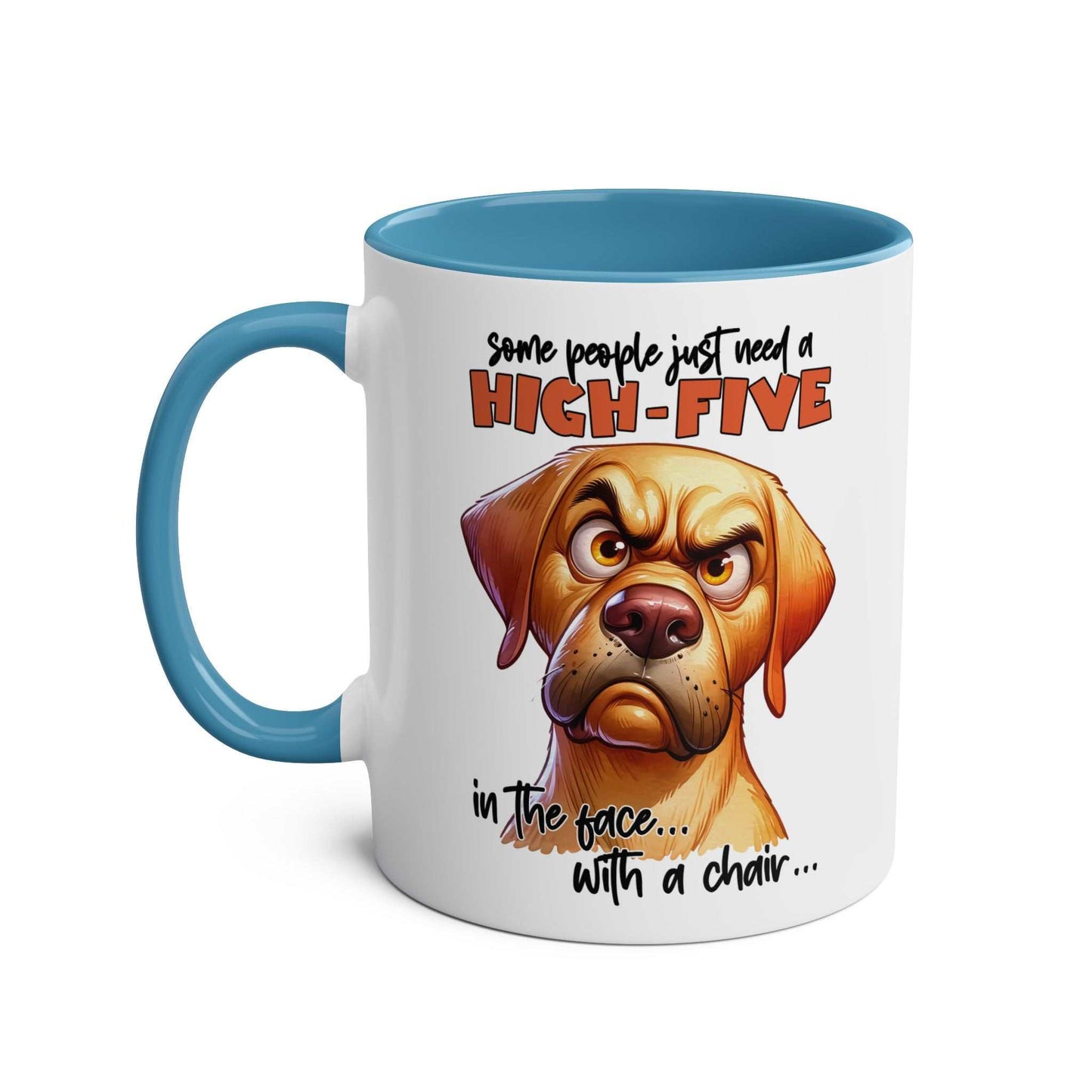 High Five Coffee Mug with snarky dog graphic and humorous text, blue handle and interior.