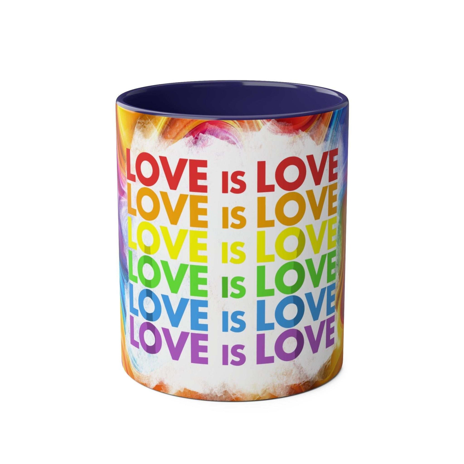 LGBTQ+ Pride mug with vibrant rainbow design and "Love is Love" message.