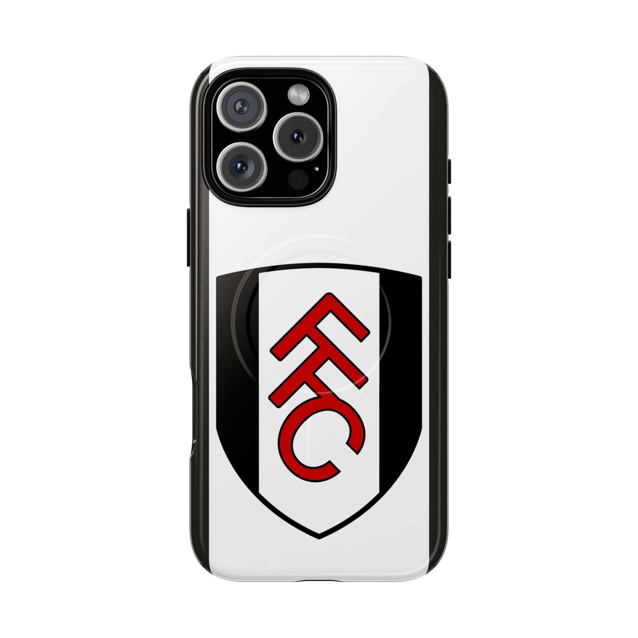 Fulham FC MagSafe iPhone case with black and white colors and fan-made logo design, durable dual-layer protection, MagSafe compatible, slim and lightweight.